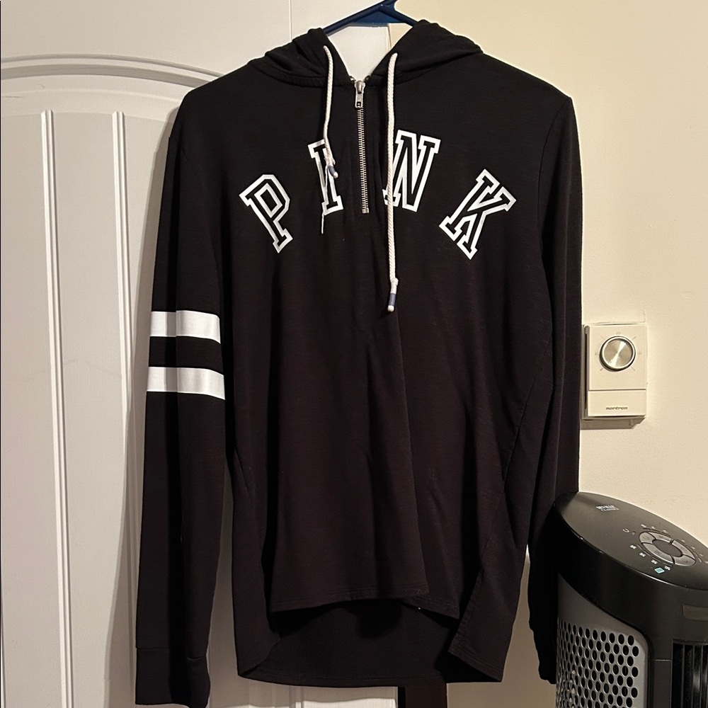 Vintage PINK Black Hoodie with White Lettering & Sleeve Stripes